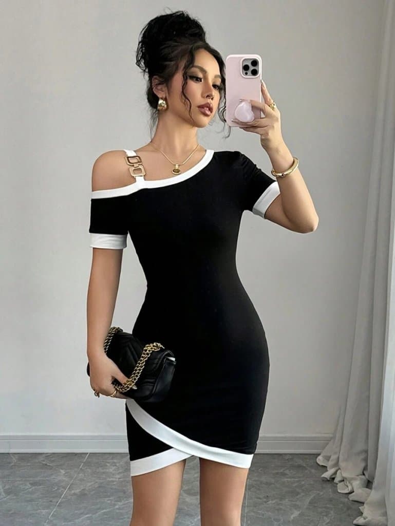 Kadın Kısa Kollu Asimetrik Kesim Yaka şerit Ve Aksesuar Detaylı Modal Elbise — görsel 1/7
