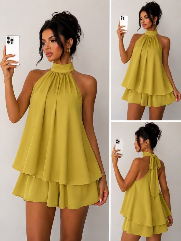Kadın Halter Yaka Volan Detaylı Mini Elbise — görsel 1/1