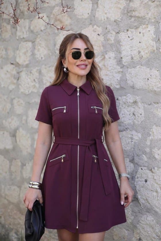 Kadın Kısa Kollı Yakalı önden Fermuarlı Ve Cepli Kısa Modal Elbise — görsel 1/4