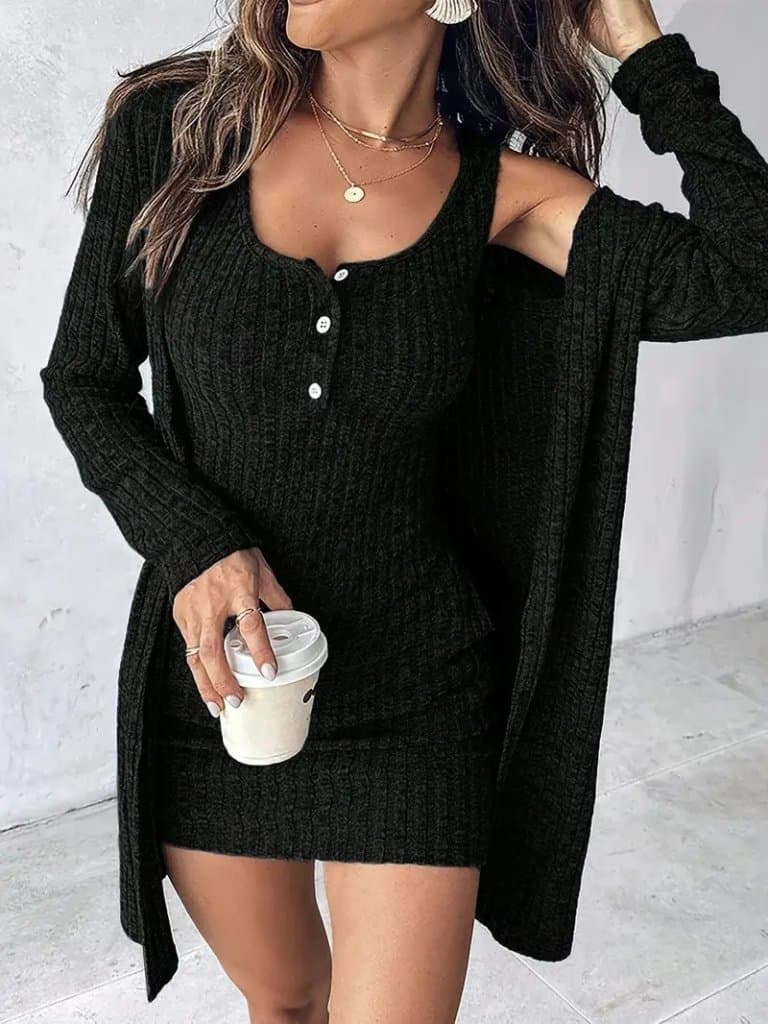 Kadın Askılı Yuvarlak Yakalı önü Düğmeli şardonlu Kaşkorse Mini Elbise Ve Kısa Ceket — görsel 1/4