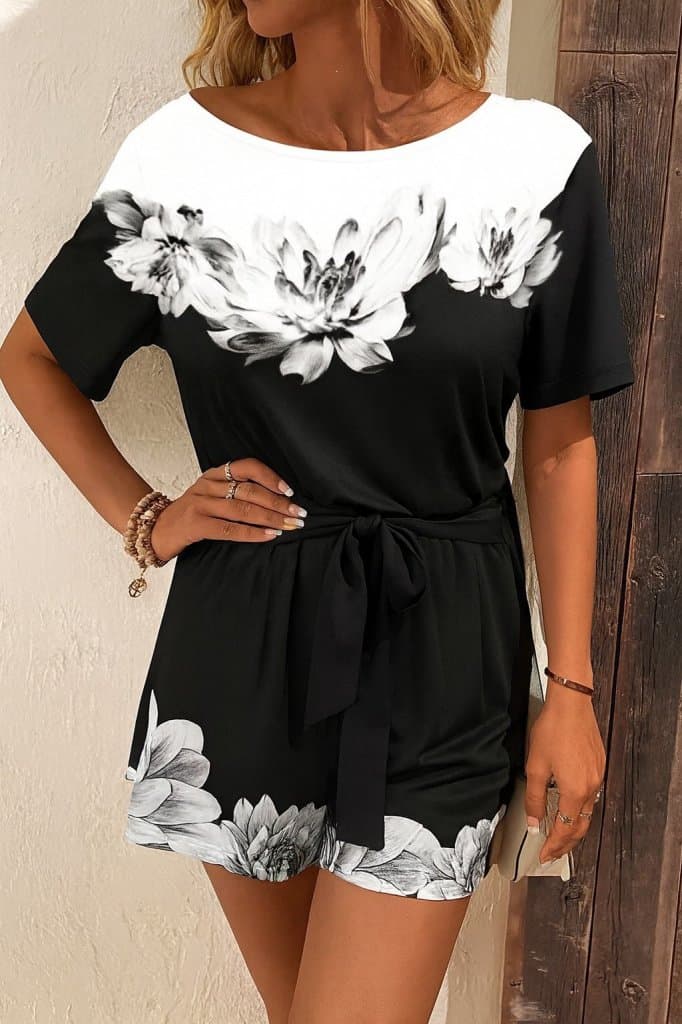 Kadın Tek Omuzu Açık çiçek Desenli Beli Kuşaklı Iki Iplik Mini Short Tulum — görsel 1/3