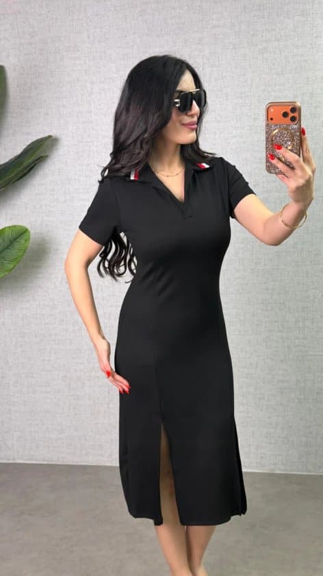 Kadın Polo Yaka çift Yırtmaç Detay Modal Kumaş Midi Boy Elbise — görsel 1/4