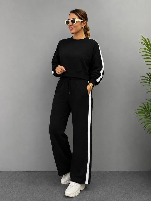 Kadın Uzun Kollu Bisiklet Yakalı Kısa Viskon Ikı Iplik Bluz Ve Pantolon Ikili Takım