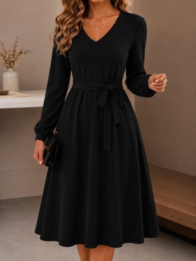 Kadın Uzun Kollu V Yakalı Belden Kuşaklı Midi Janjan Krep Elbise — görsel 1/6