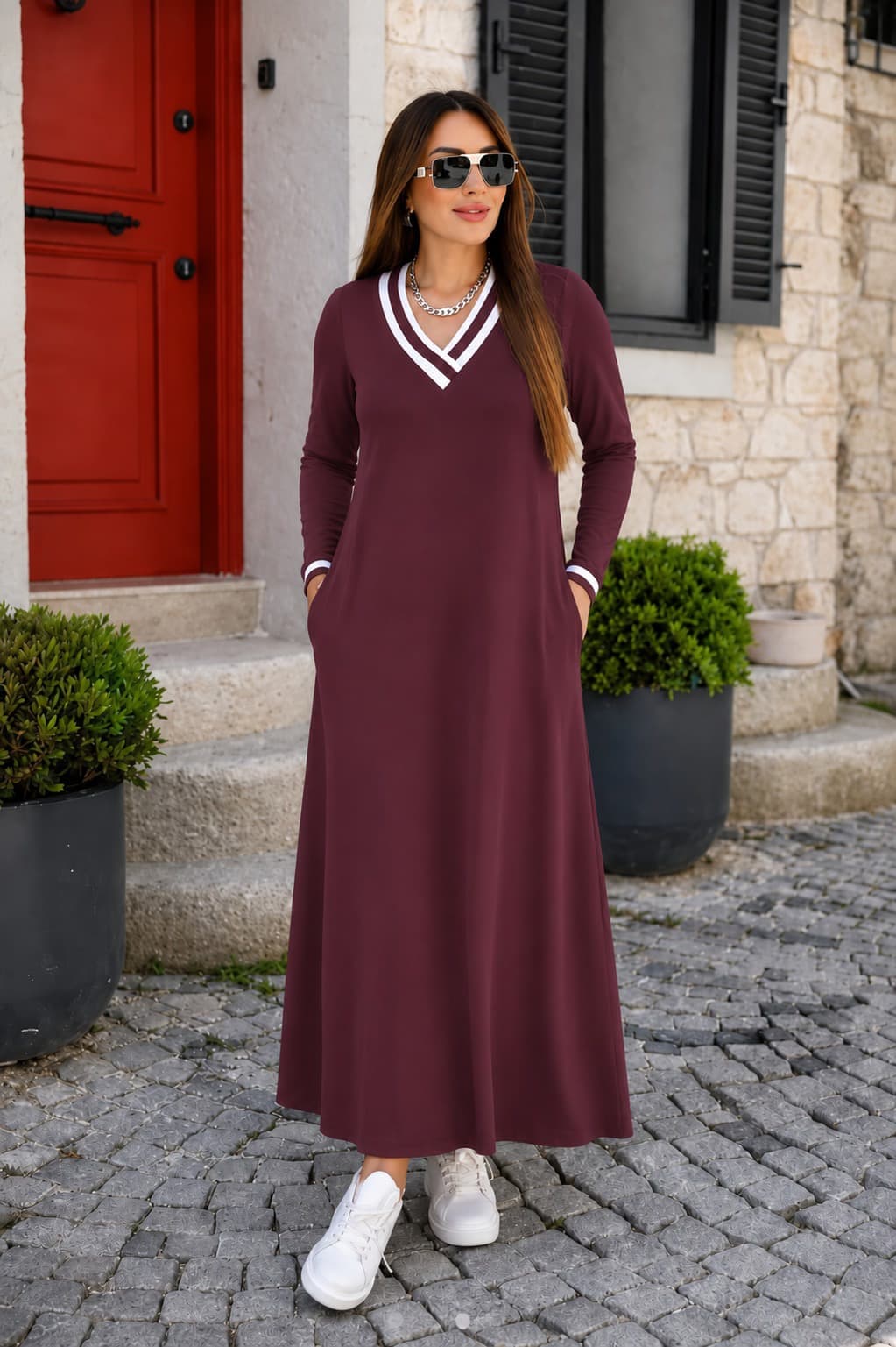 Kadın Uzun Kollu V Yakalı Cepli Uzun Viskon Iki Iplik Elbise — görsel 1/7