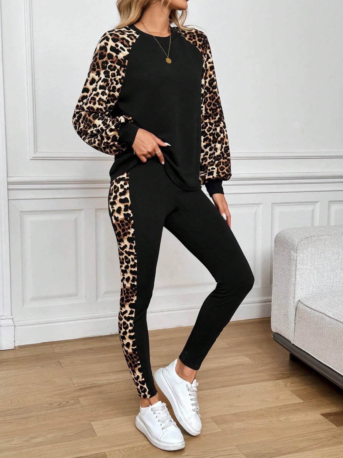 Kadın Uzun Kollu Bisiklet Yakalı Leopar Desenli Viskon Iki Iplik Ikili Takım — görsel 1/9