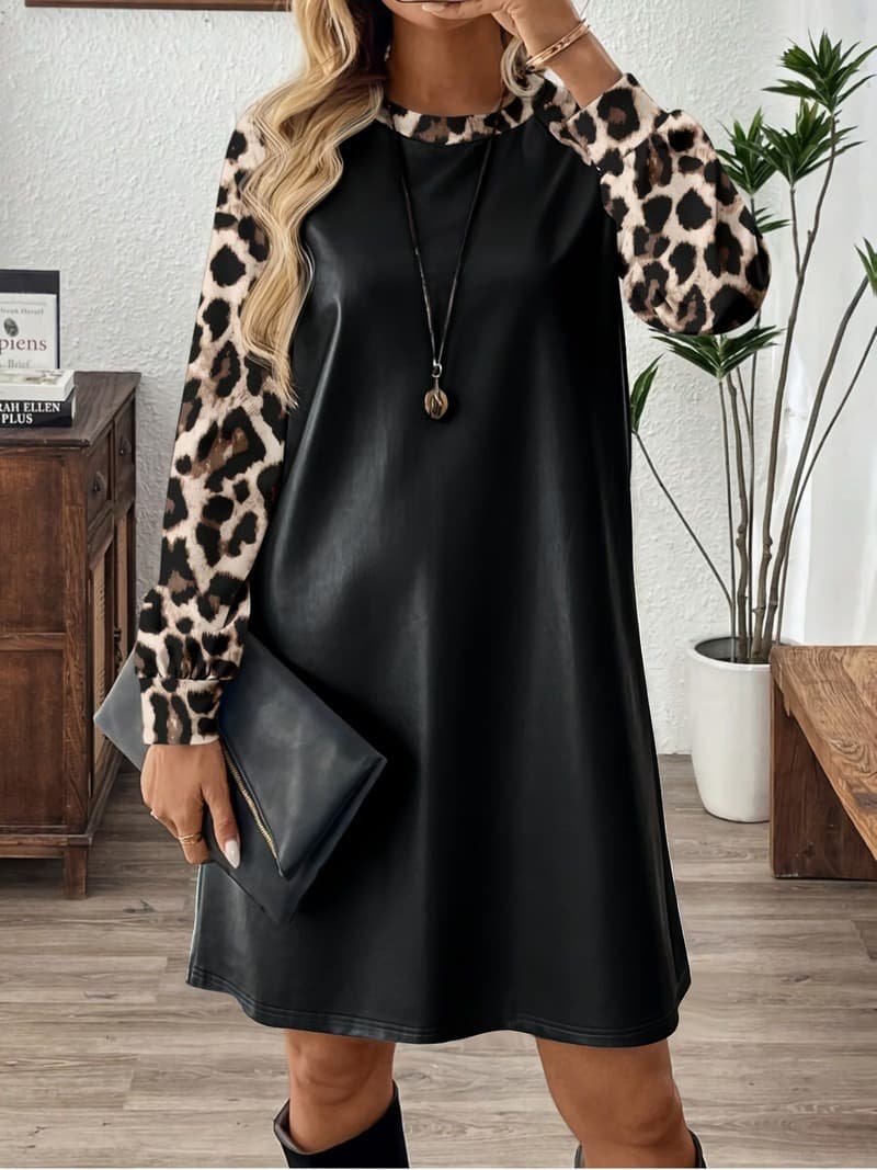 Kadın Uzun Kollu Bisiklet Yakalı Leopar Desenli Deri Kısa Elbise — görsel 1/10
