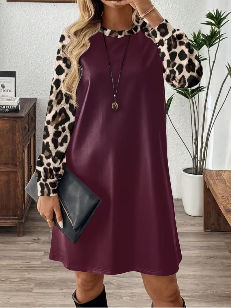 Kadın Uzun Kollu Bisiklet Yakalı Leopar Desenli Deri Kısa Elbise — görsel 1/7