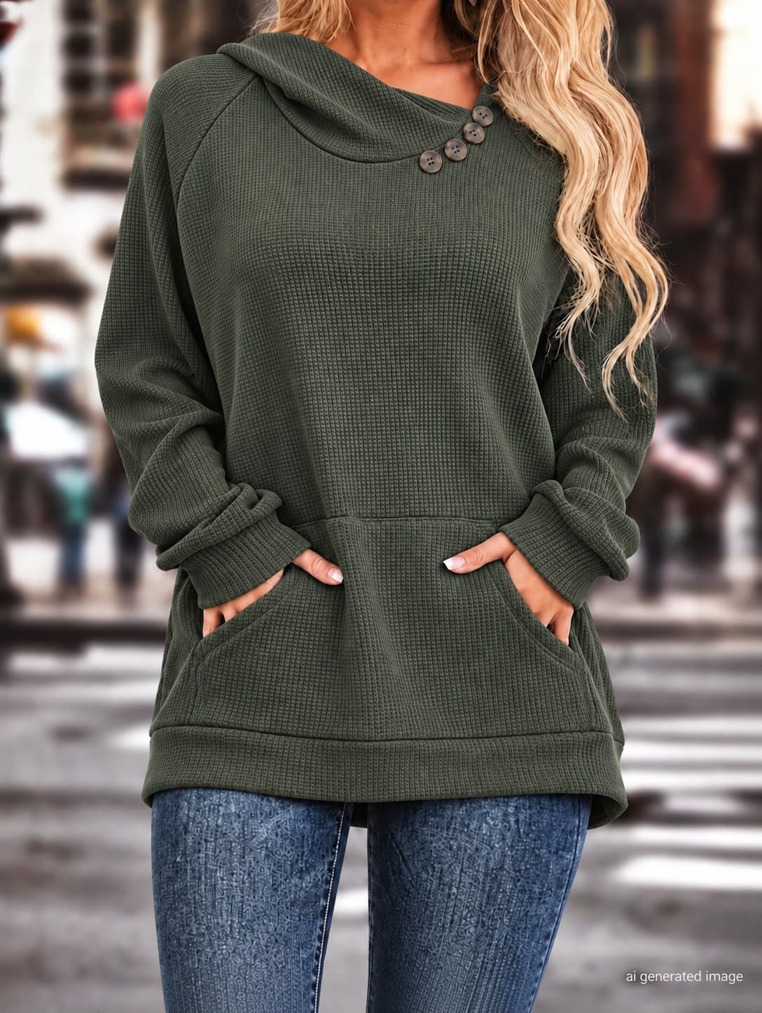 Kadın Uzun Kollu Asımetrık Kapson Detaylı Düğmeli Kanguru Cep Detaylı Waffle Bluz — görsel 1/6