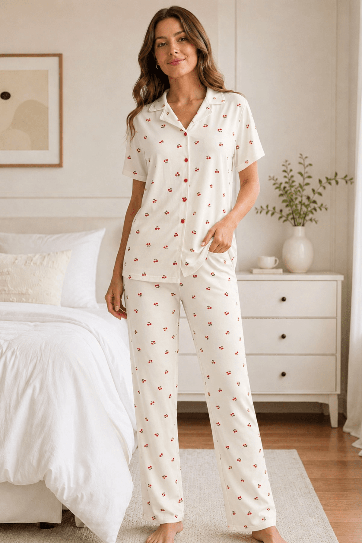 Beyaz Kiraz Desenli Kısa Kollu Gömlek Yaka Milan Kumaş Kadın Pijama Takımı