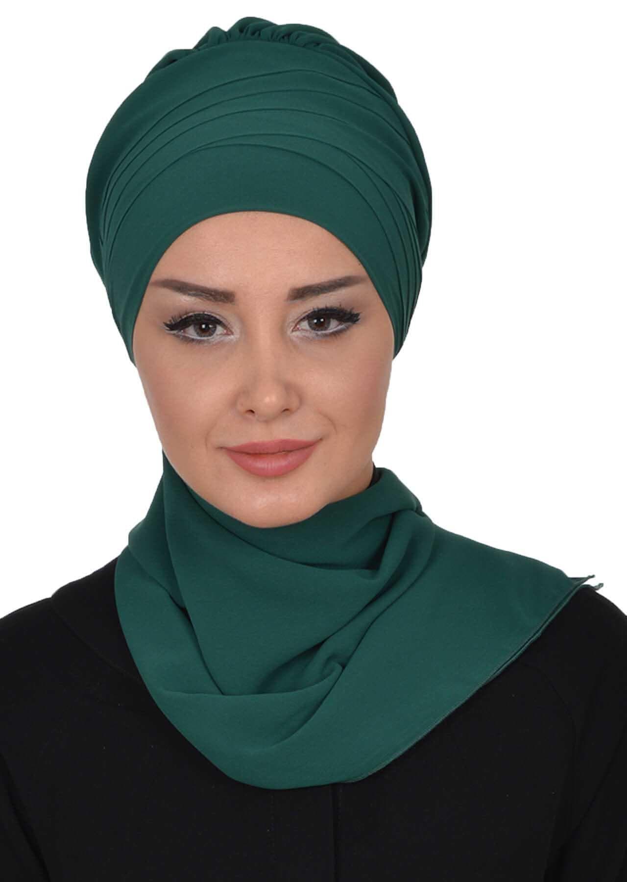 Çapraz Dikim Fularlı Tasarım Şifon Hazır Türban,HT-48 Koyu Yeşil