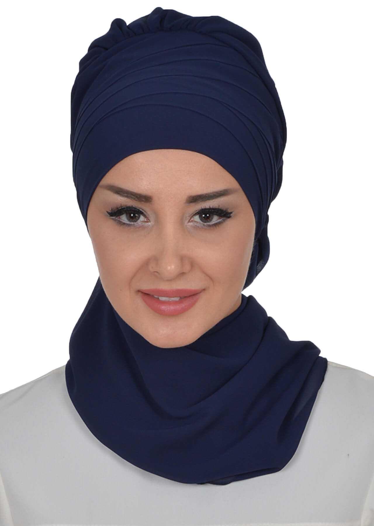 Çapraz Dikim Fularlı Tasarım Şifon Hazır Türban,HT-48 Lacivert