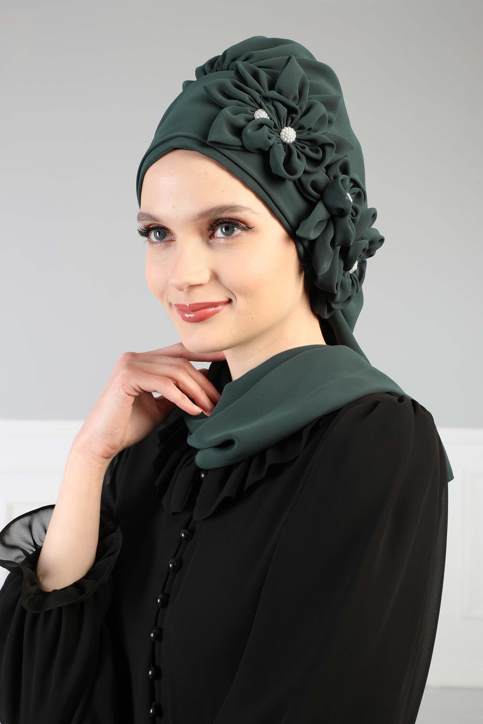 Çiçek Aksesuarlı Tasarım Hazır Şifon Türban,HT-27 Koyu Yeşil