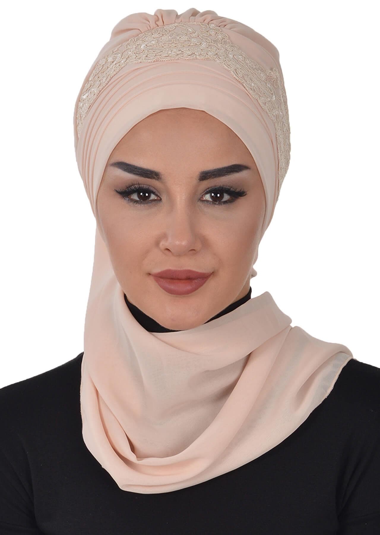 Dantel Aksesuarlı Fularlı Şifon Hazır Türban,HT-53,HT-53 Bej