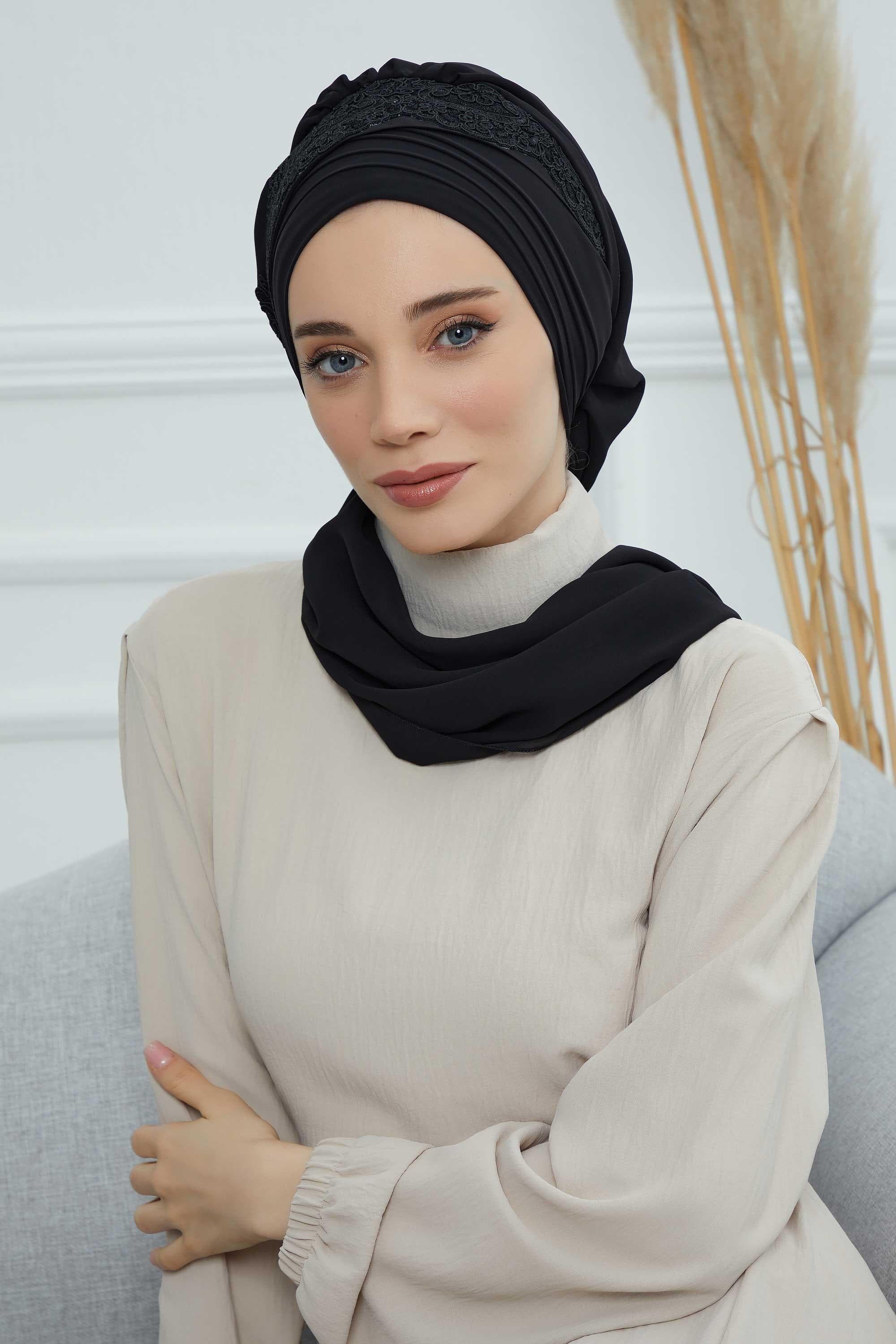 Dantel Aksesuarlı Fularlı Şifon Hazır Türban,HT-53,HT-53 Siyah