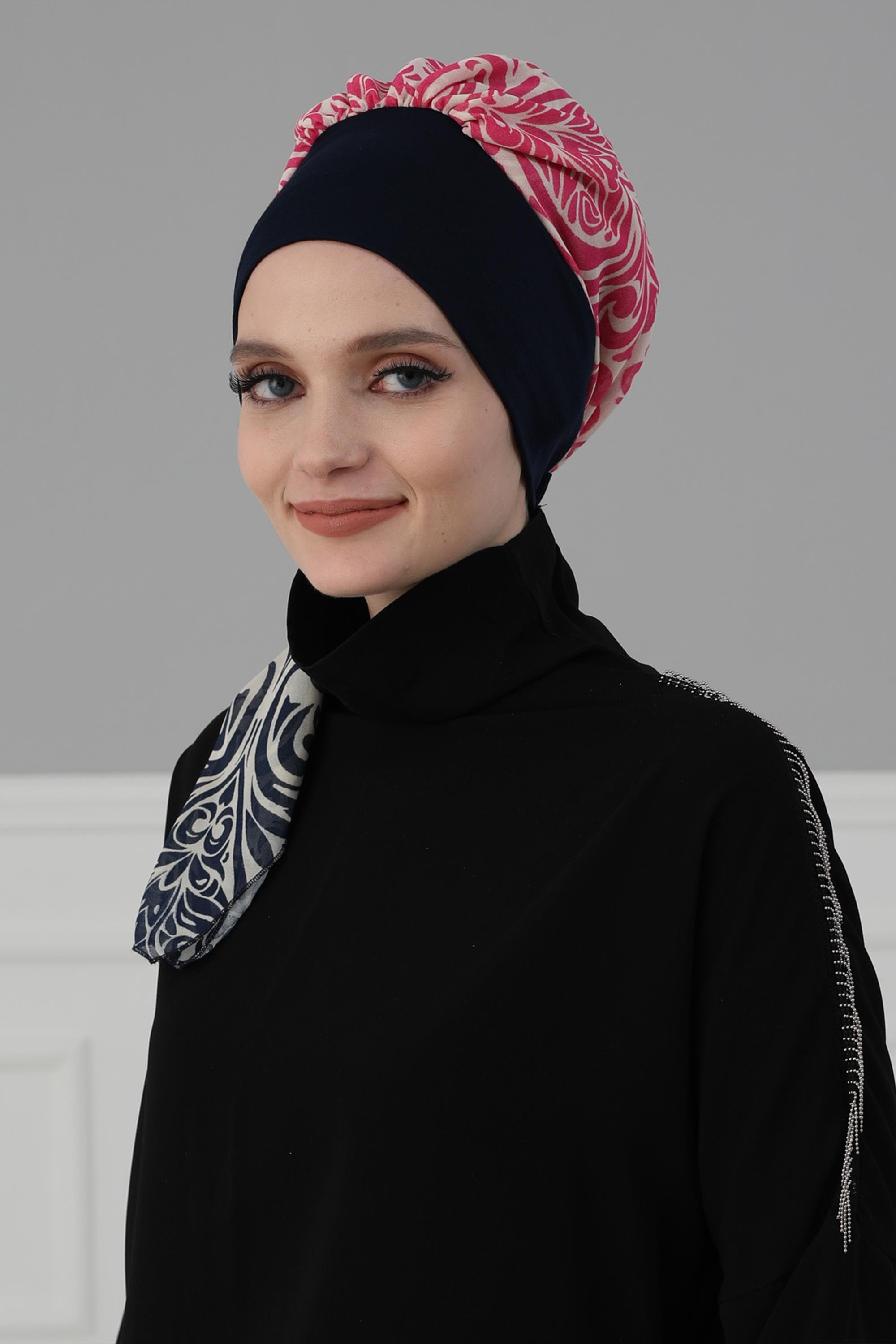 Desenli Şifon Hazır Türban,HT-65D Lacivert - Lacivert Fuşya