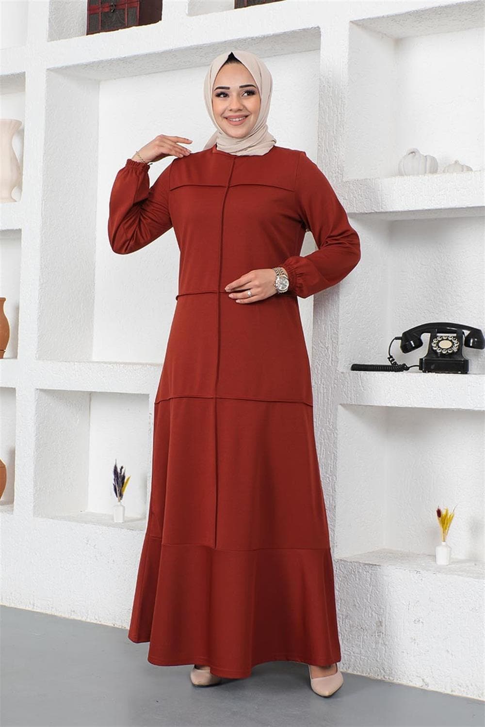 Dikiş Detaylı Elbise KİREMİT