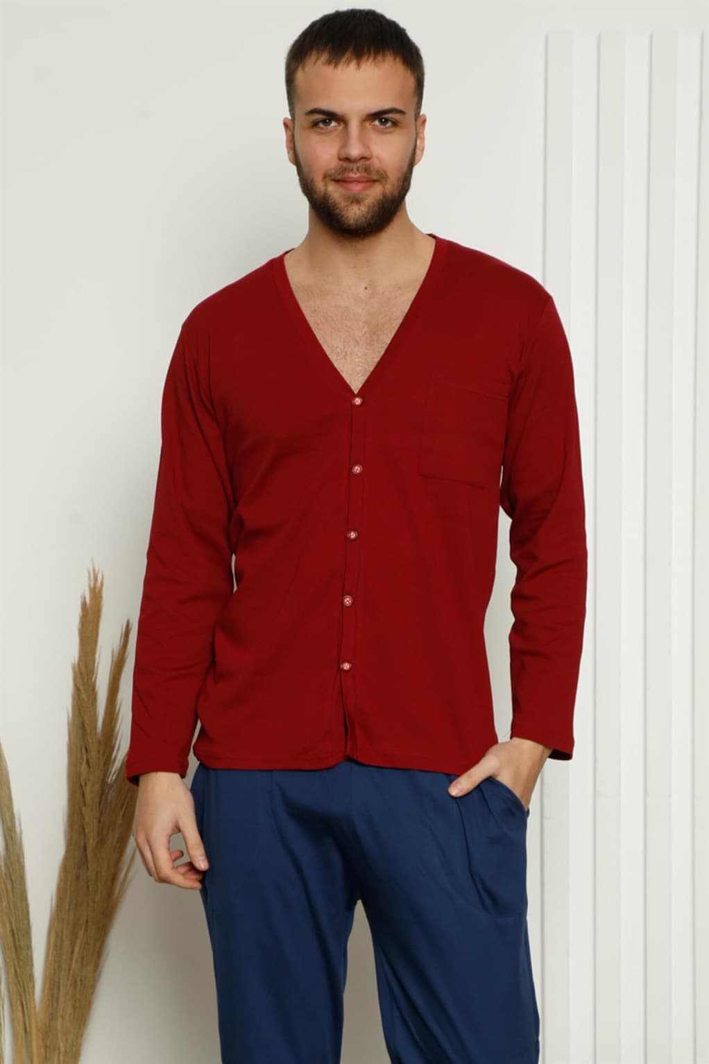 Erkek %100 Pamuk Önden Düğmeli Cepli Uzun Kollu Pijama Takımı 6767