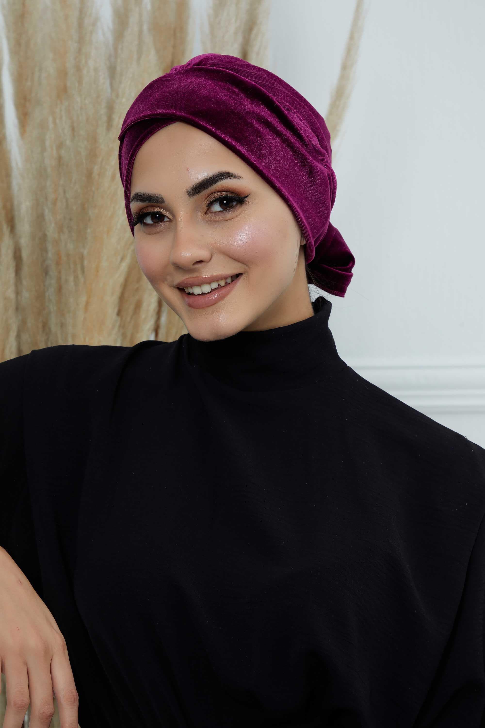 Kuşaklı Kadife Bone,B-31K Mor
