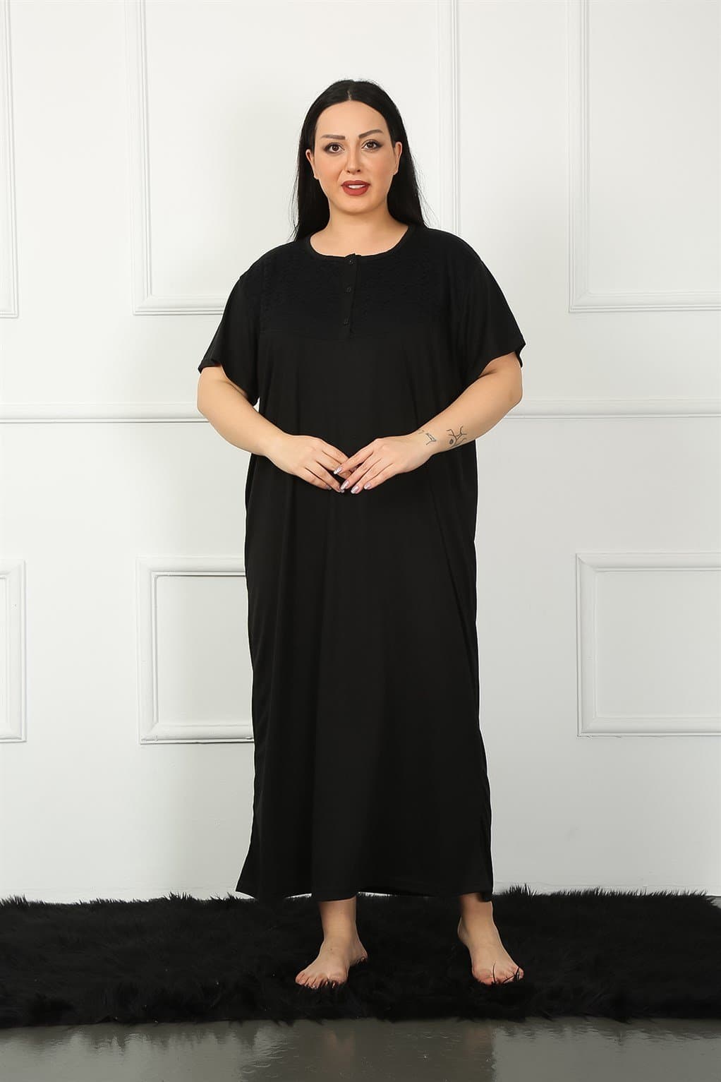 Big Dantelli Kısa Kol Siyah Anne Gecelik 1348
