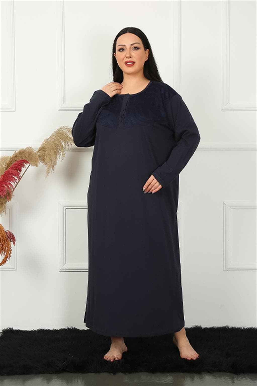 Big Uzun Kol Dantelli Lacivert Anne Gecelik 1355
