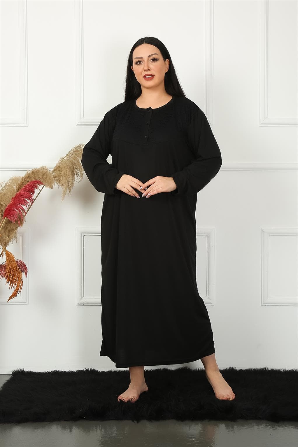Big Uzun Kol Dantelli Siyah Anne Gecelik 1355
