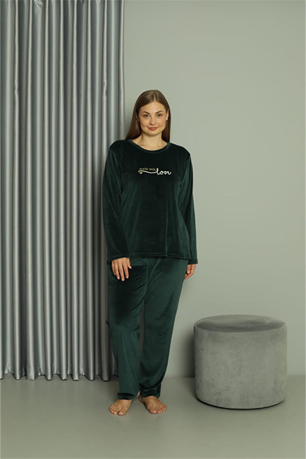 Büyük Beden Kadın Kadife Yeşil Pijama Takım 20628