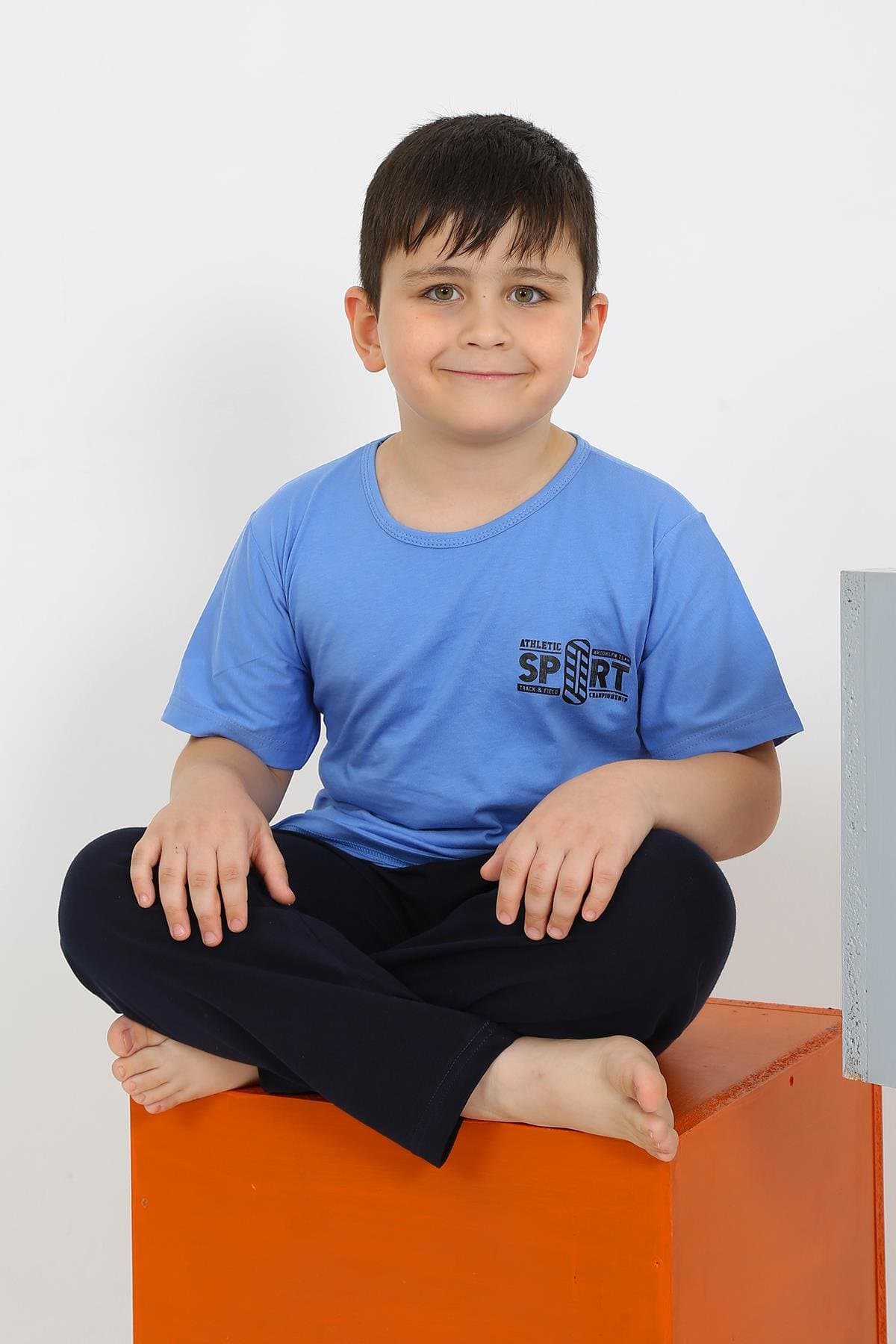 Erkek Çocuk Kısa Kol Mavi Penye Pijama Takımı 20436