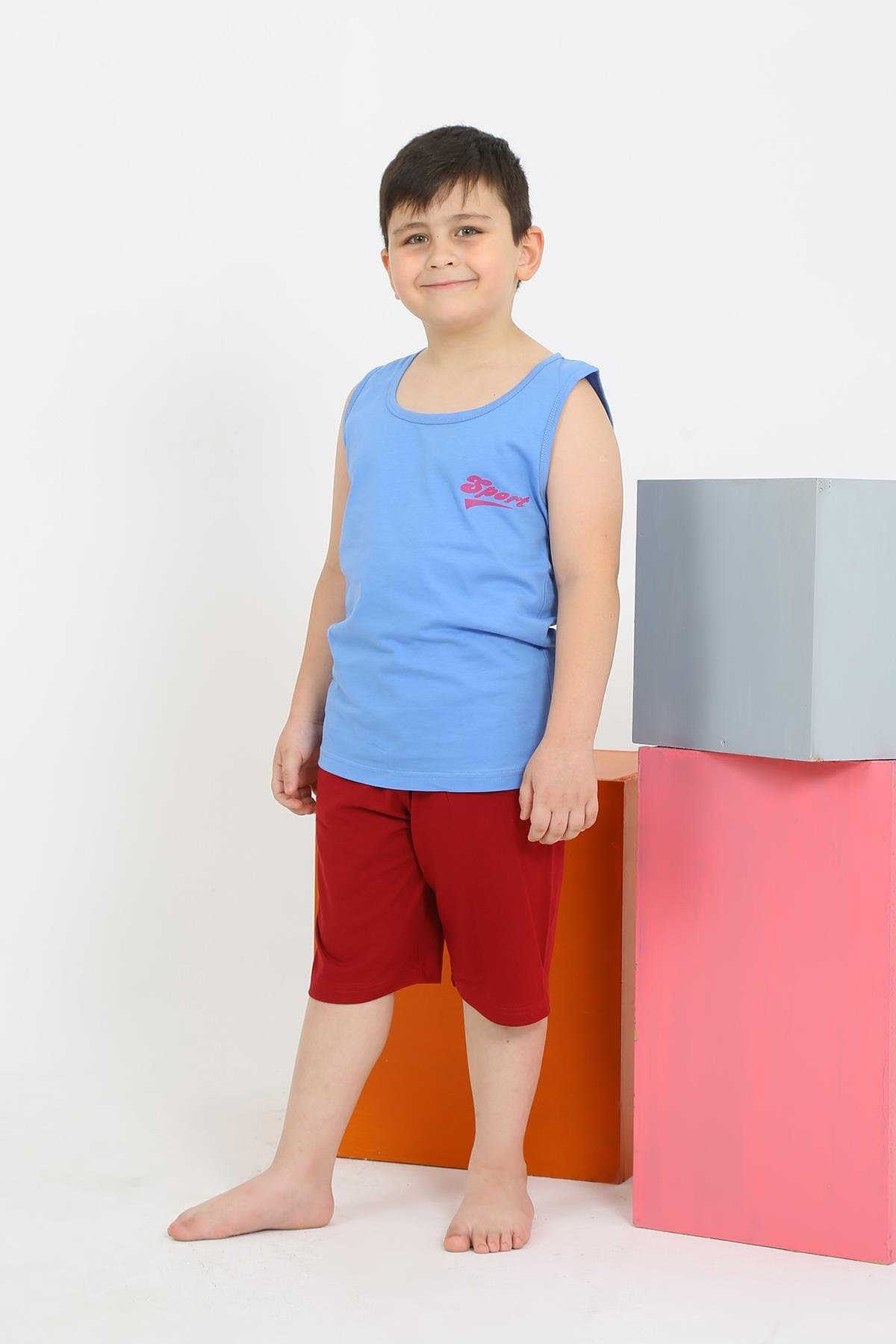 Erkek Çocuk Sıfır Kol Şortlu Mavi Penye Pijama Takımı 20434