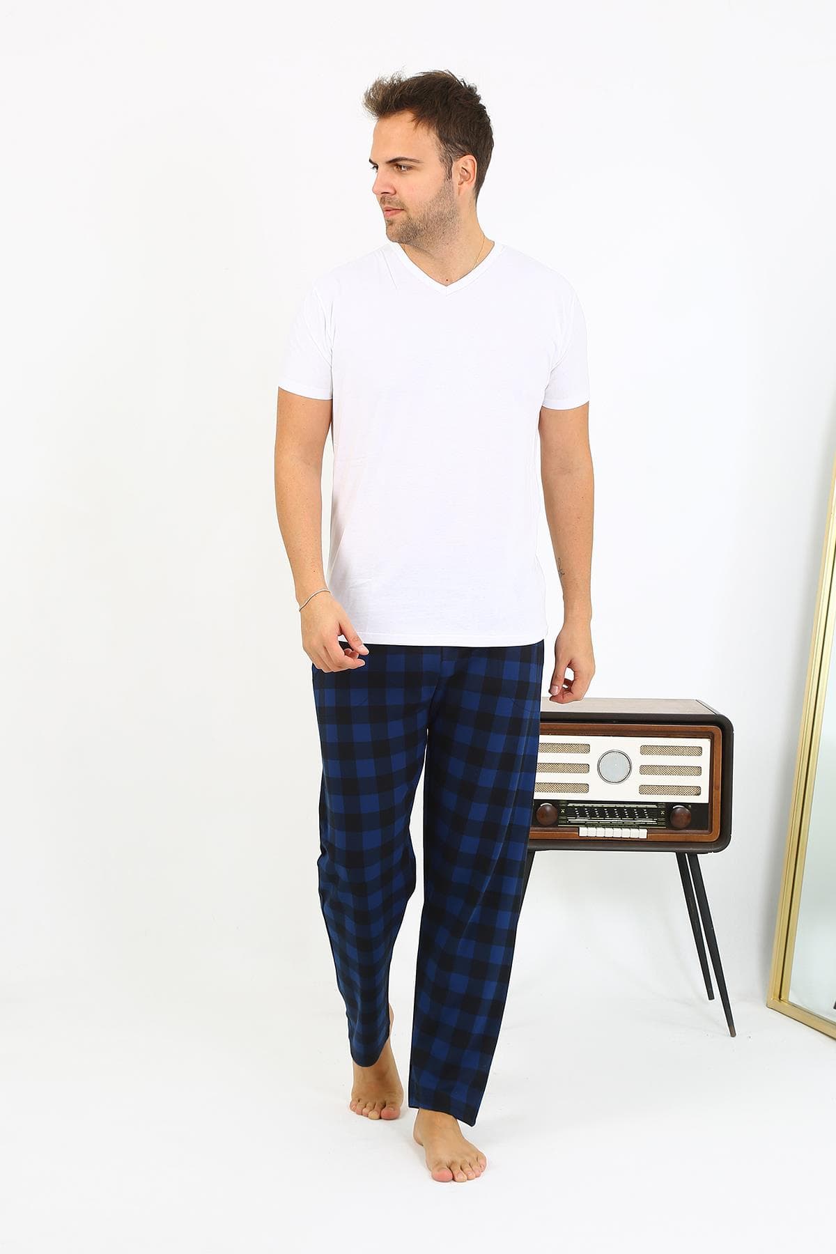 Erkek Ekoseli Desen Penye Tek Alt Pijama 27540 Siyah