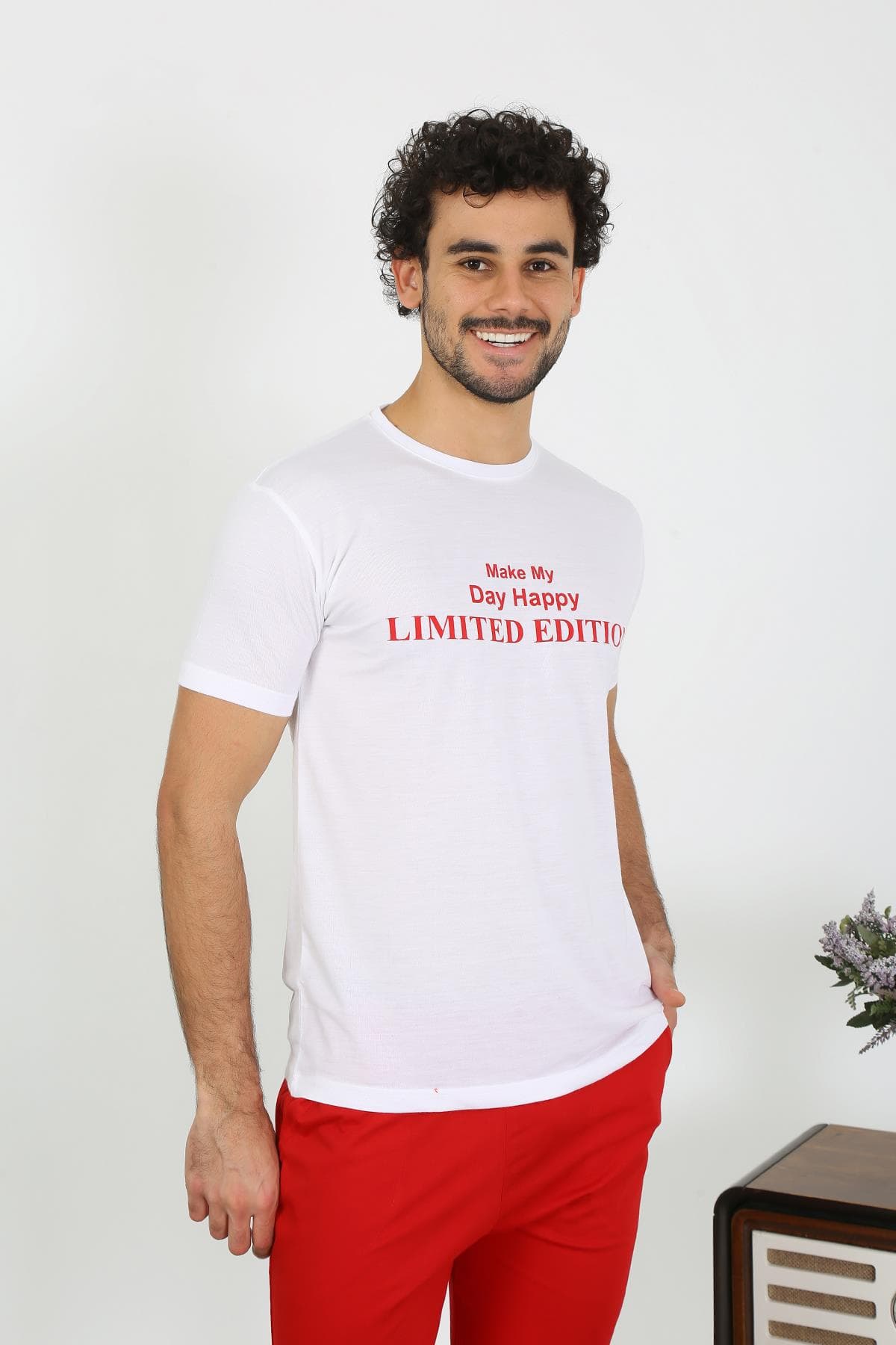Erkek Kısa Kol Penye Beyaz Pijama Takımı 6846