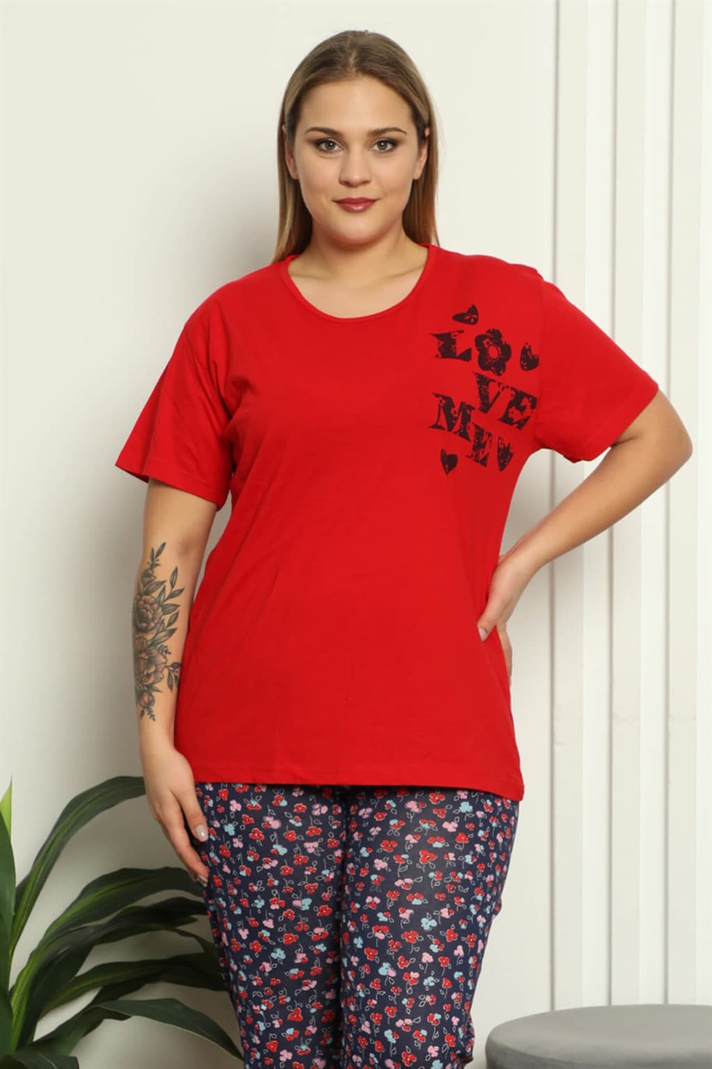 Kadın %100 Pamuk Kısa Kol Büyük Beden Pijama Takım 202144