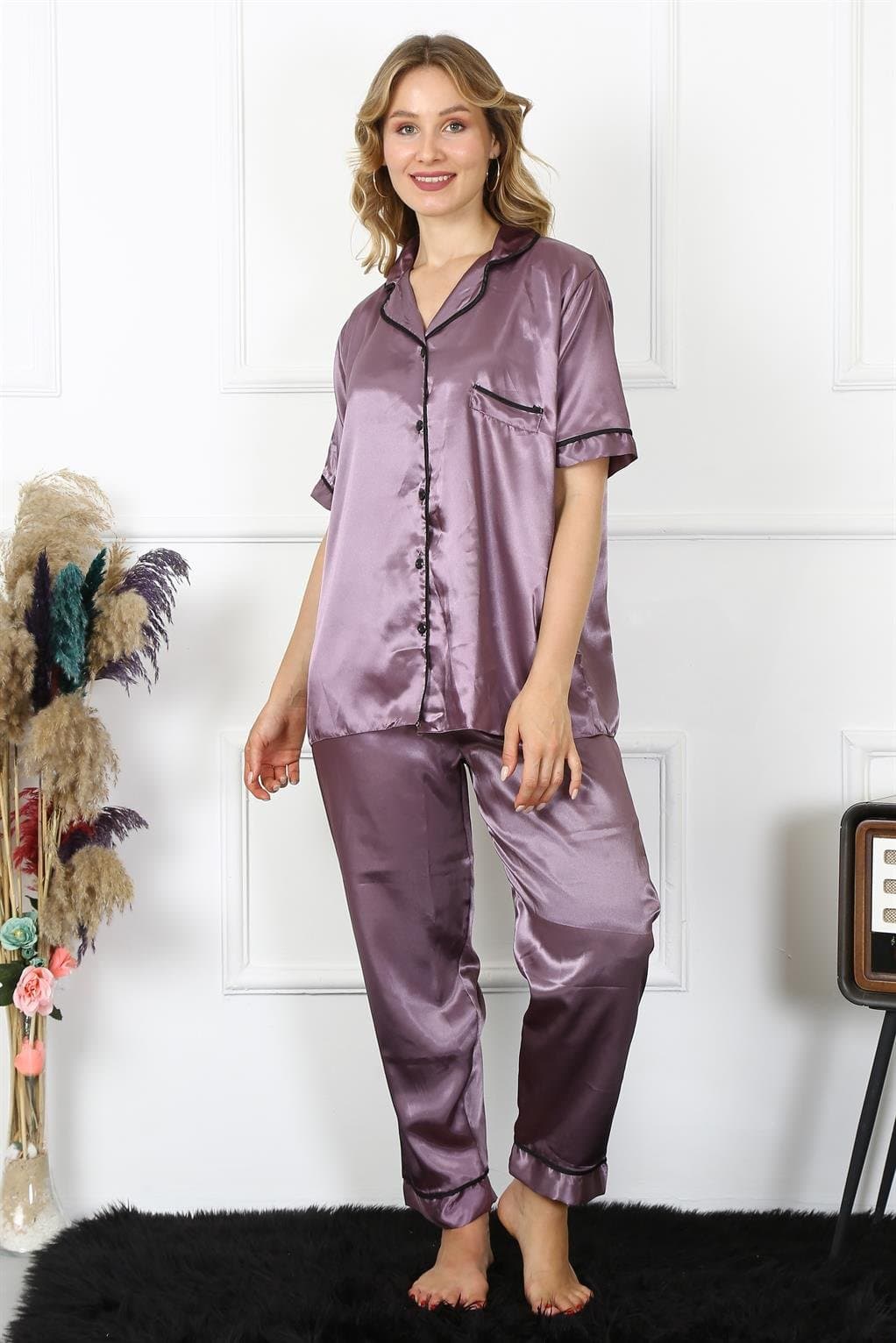 Kadın Büyük Beden Mor Saten Pijama Takımı 10303