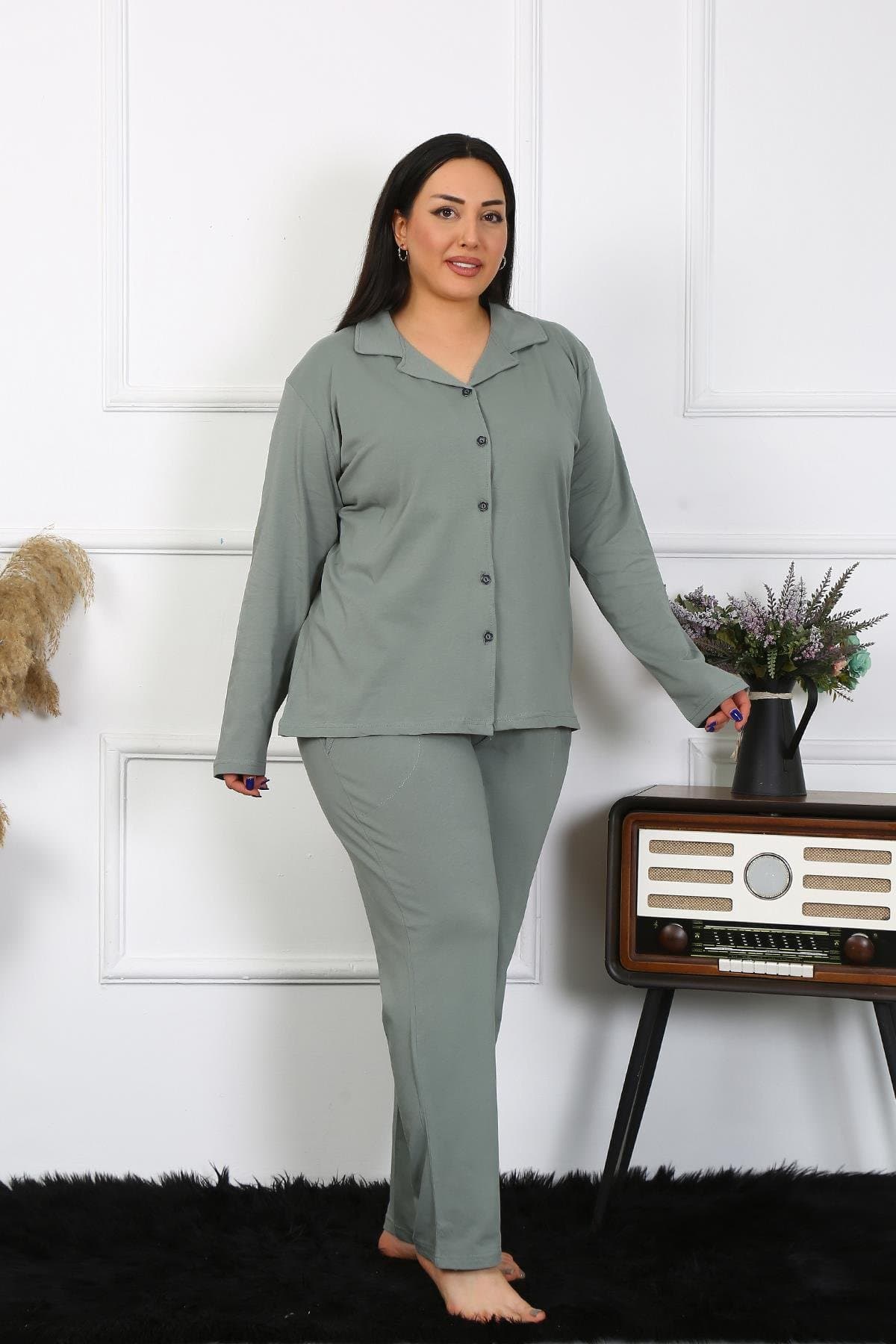 Kadın Büyük Beden Pamuklu Cepli Düğmeli Haki Pijama Takım 202401