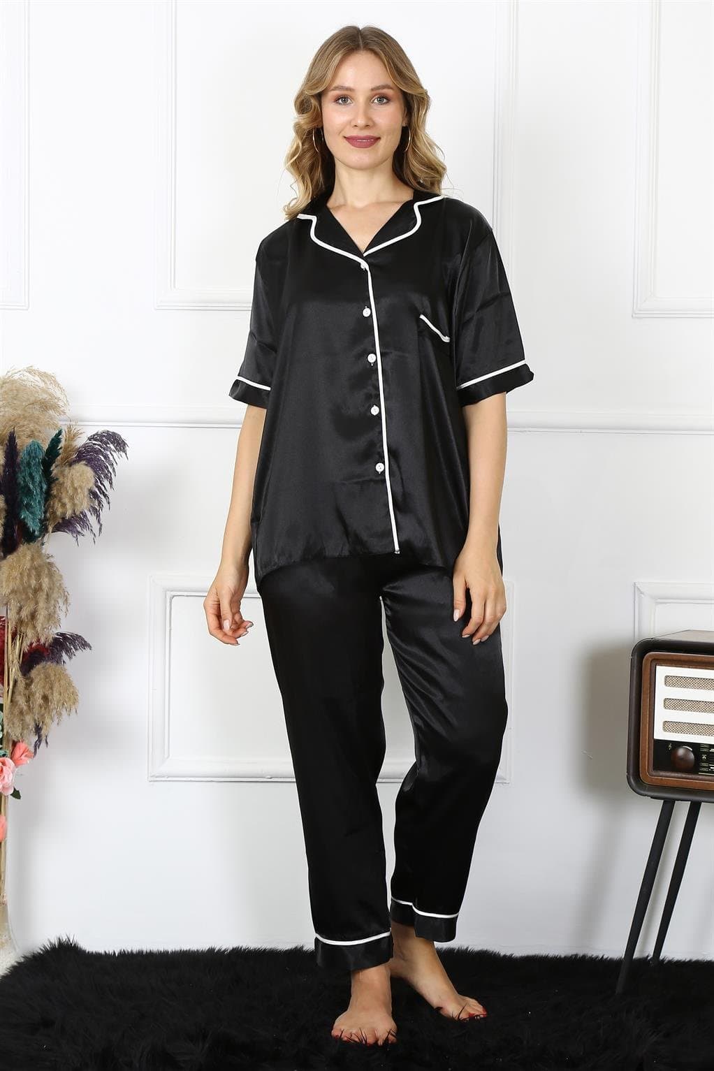 Kadın Büyük Beden Siyah Saten Pijama Takımı 10303