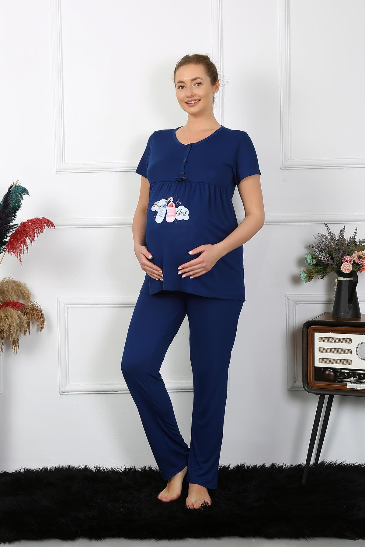 Kadın Kısa Kol Hamile Lohusa Pijama Takımı Lacivert 45210