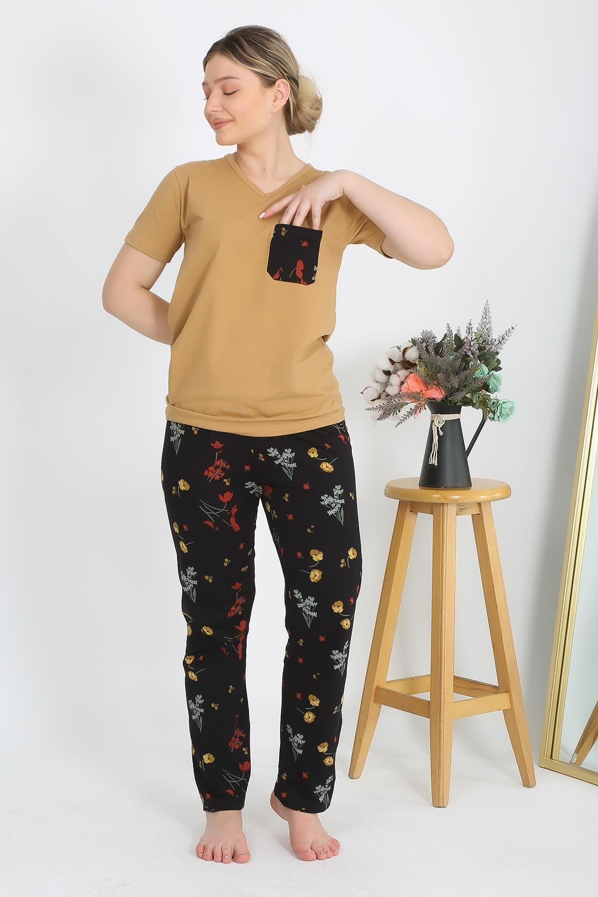 Kadın Kısa Kol Pamuk Penye Pijama Takım Hardal 4214