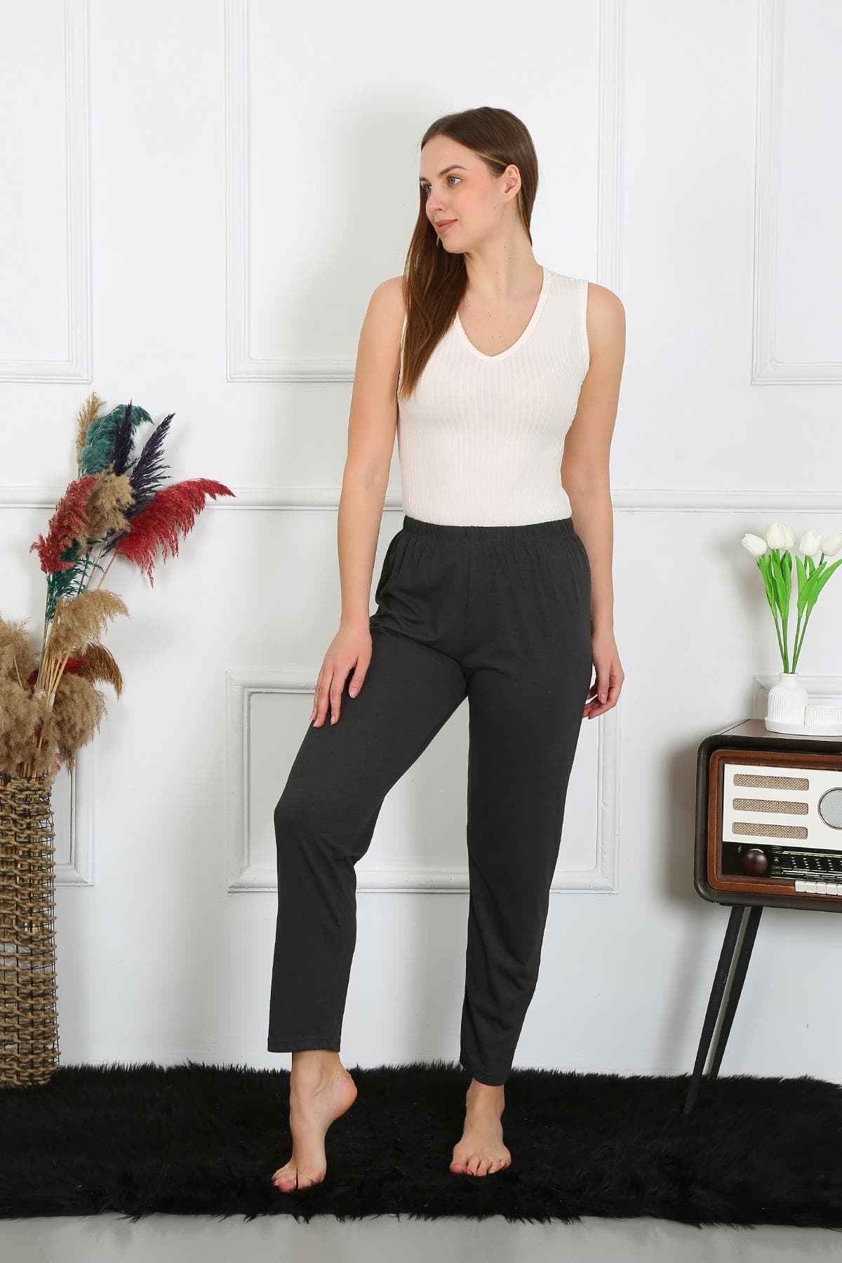Kadın Pamuk Penye Tek Alt Pijama Füme 27514