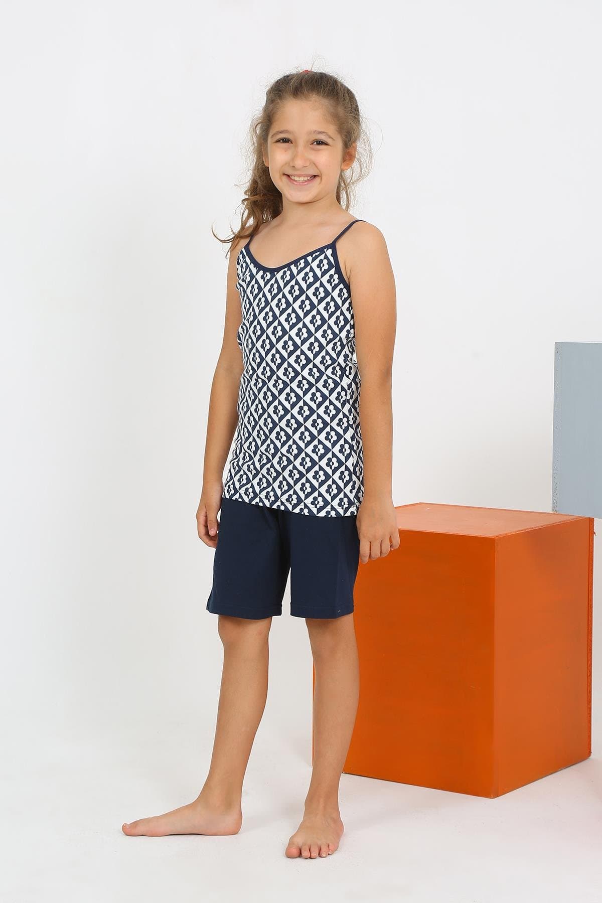 Kız Çocuk İp Askılı Şortlu Penye Lacivert Pijama Takım 20430