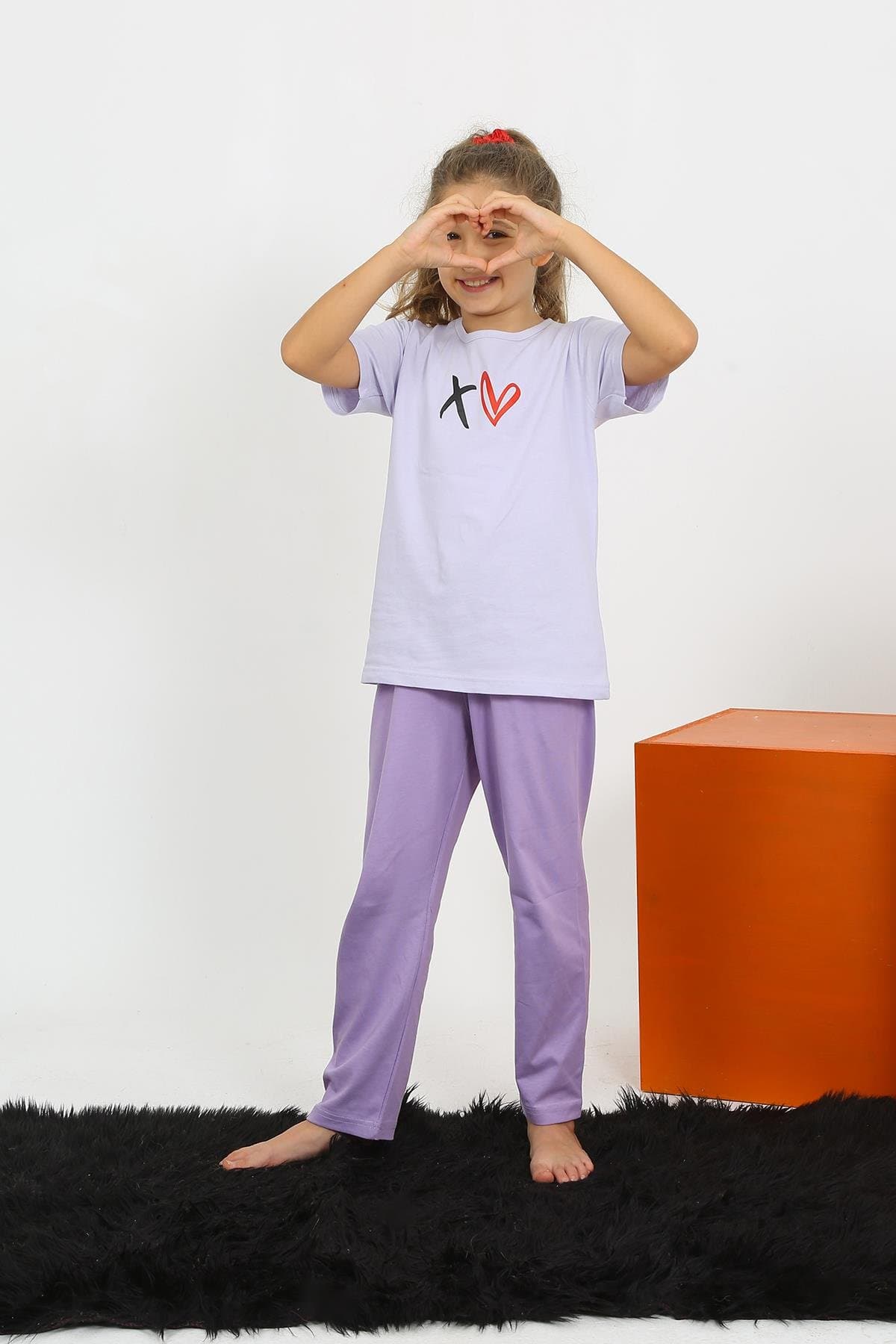 Kız Çocuk Kısa Kol Lila Penye Pijama Takım 20432