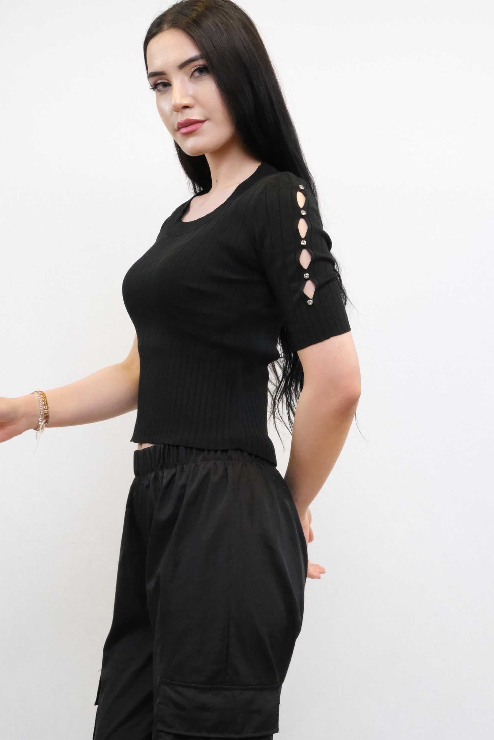 Kolları Taşlı Triko Bluz Siyah