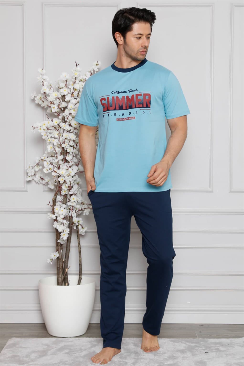 Erkek %100 Pamuk Cepli Kısa Kollu Pijama Takımı 6744
