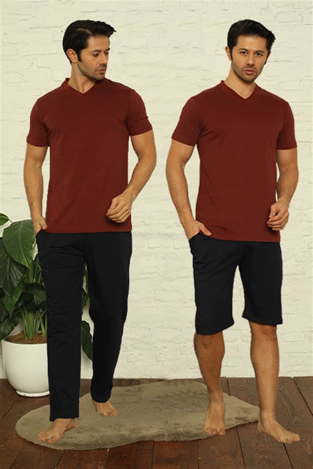 Erkek Bordo V Yaka 3'lü Pijama Takım 6822
