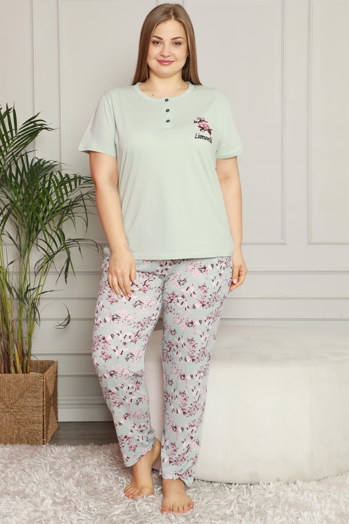 Kadın %100 Pamuk Cepli Kısa Kol Büyük Beden Pijama Takım 202071