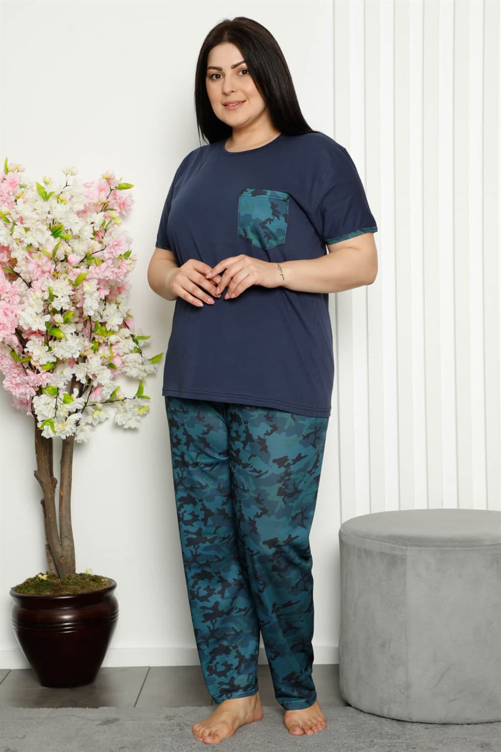 Kadın %100 Pamuk Cepli Kısa Kol Büyük Beden Pijama Takım 202106