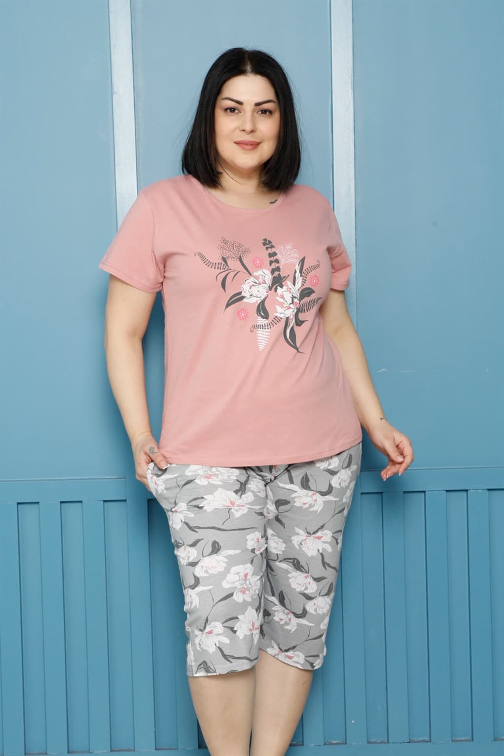 Kadın %100 Pamuk Kapri Büyük Beden Pijama Takım 202161