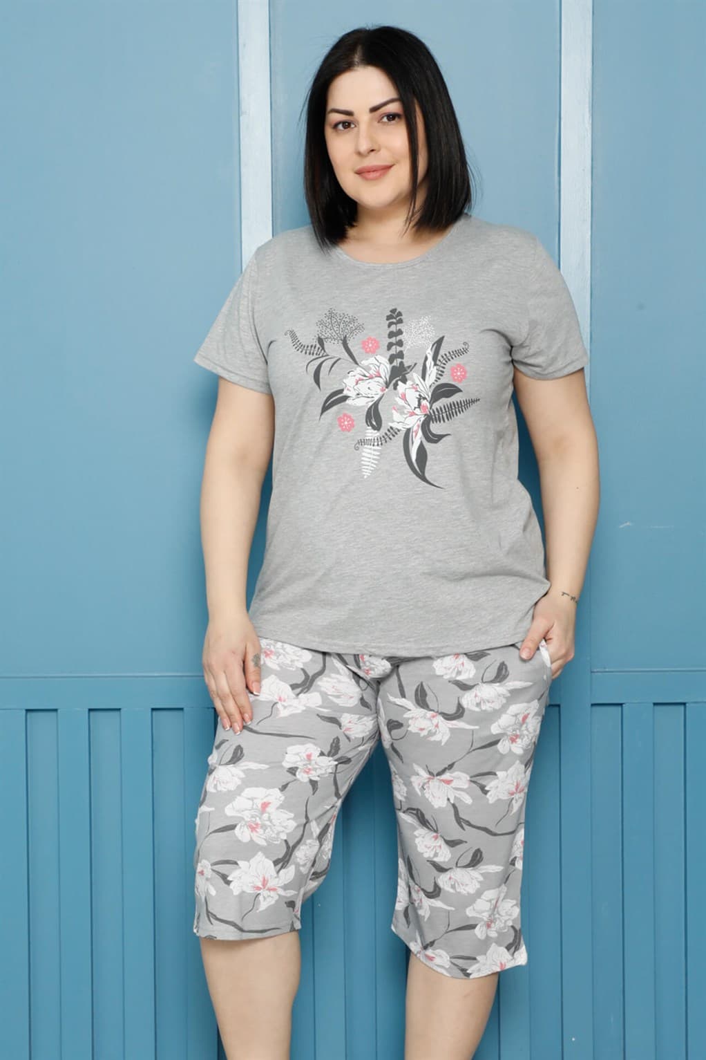 Kadın %100 Pamuk Kapri Büyük Beden Pijama Takım 202162
