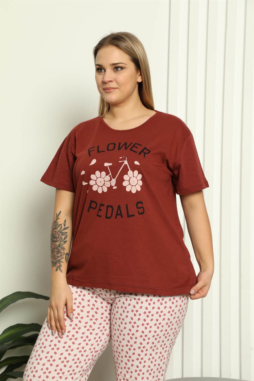 Kadın %100 Pamuk Kısa Kol Büyük Beden Pijama Takım 202147