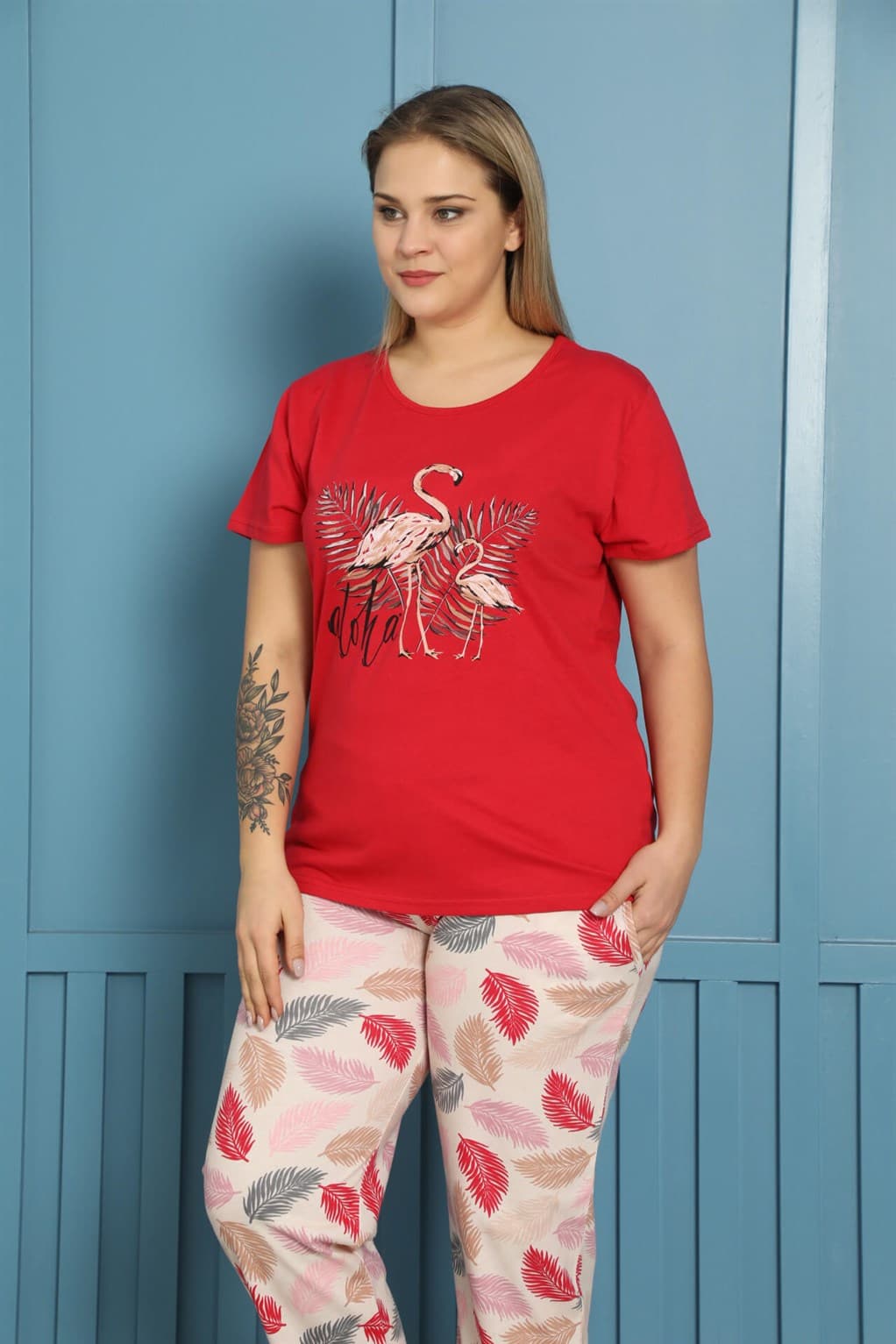 Kadın %100 Pamuk Kısa Kol Büyük Beden Pijama Takım 202153