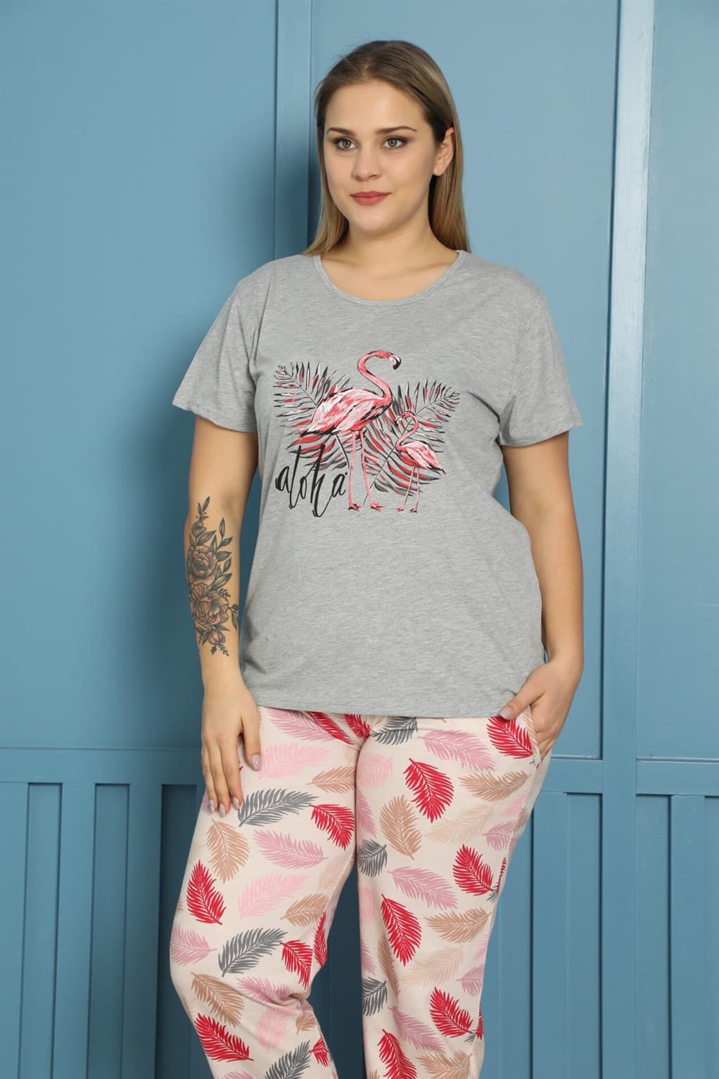 Kadın %100 Pamuk Kısa Kol Büyük Beden Pijama Takım 202154